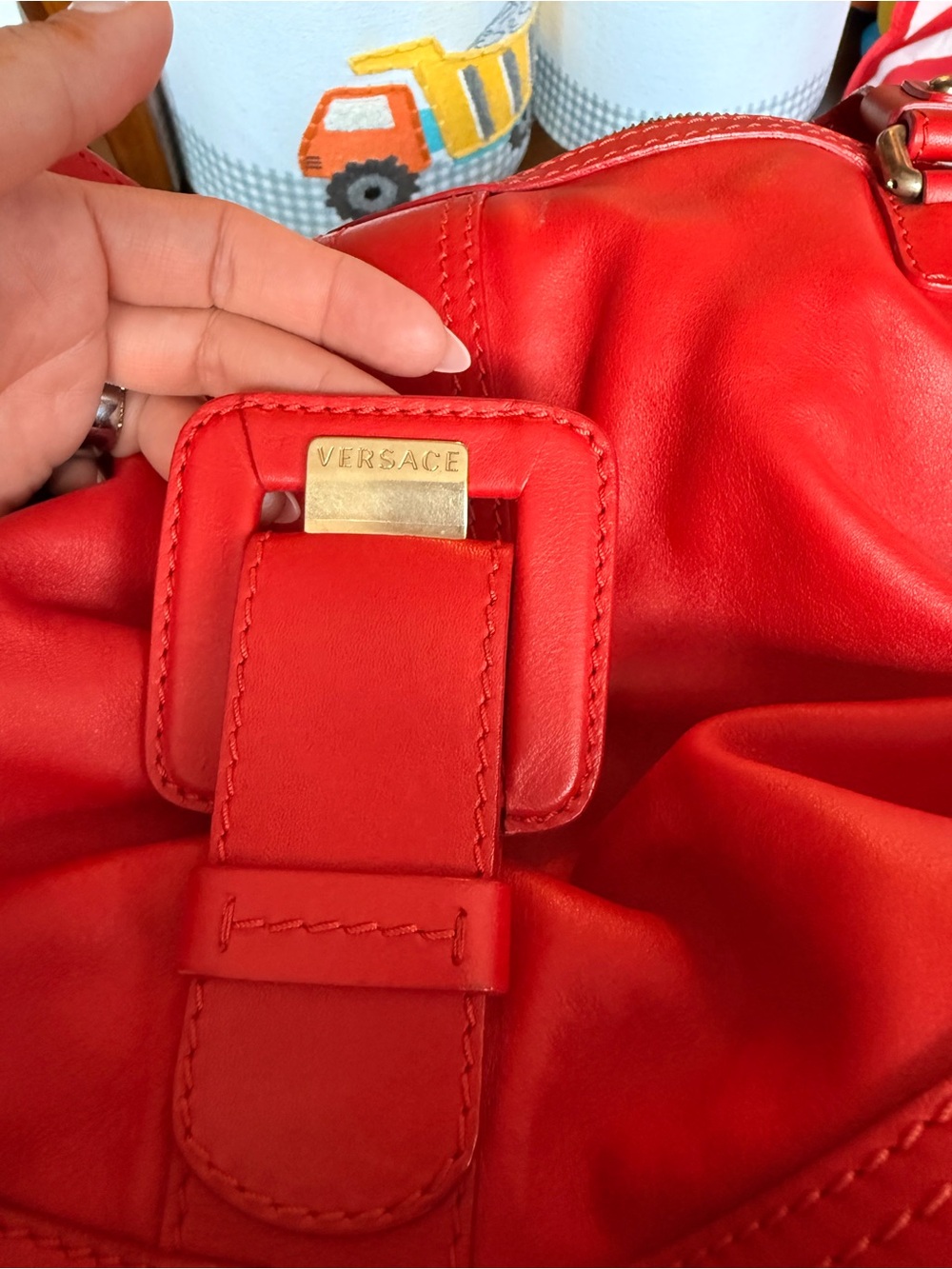 Red Leather Shoulder Bag with Gold Accents - Versace - Picture 2 of 5